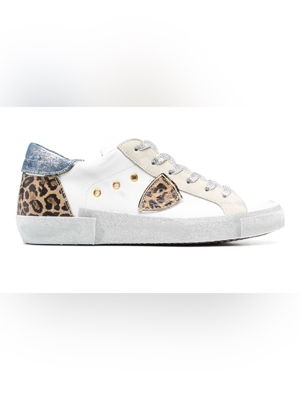 Philippe Model Low-Top White Leather Sneaker w/Leopard & Denim Accents-39 Euro